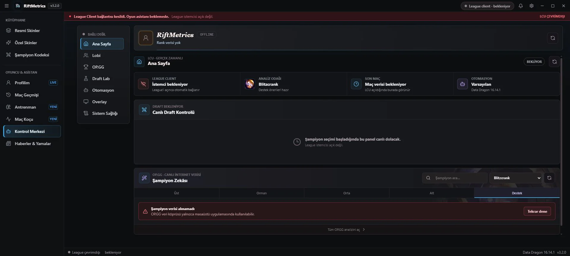 RiftMetrics League of Legends kontrol merkezi ve canlı analiz ekranı