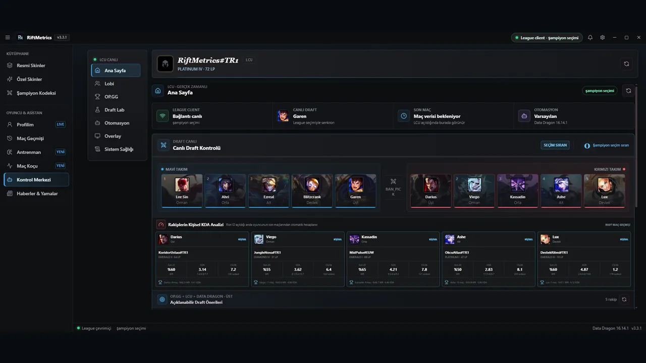 RiftMetrics canlı draft ekranında rakip bilgisi build rün ve counter önerileri