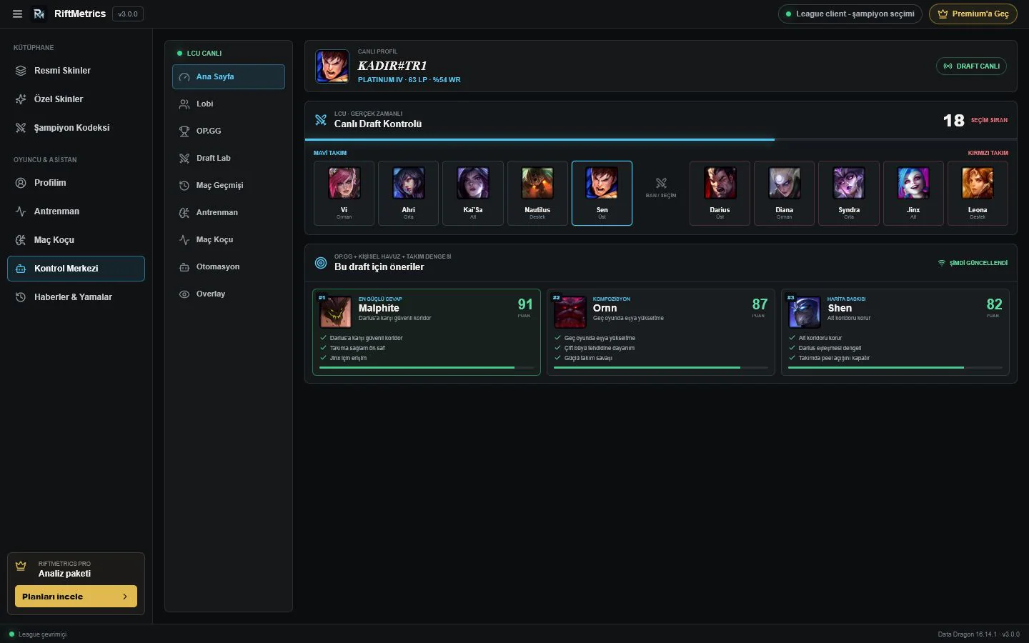 RiftMetrics canlı LoL draft, counter pick ve takım kompozisyonu ekranı