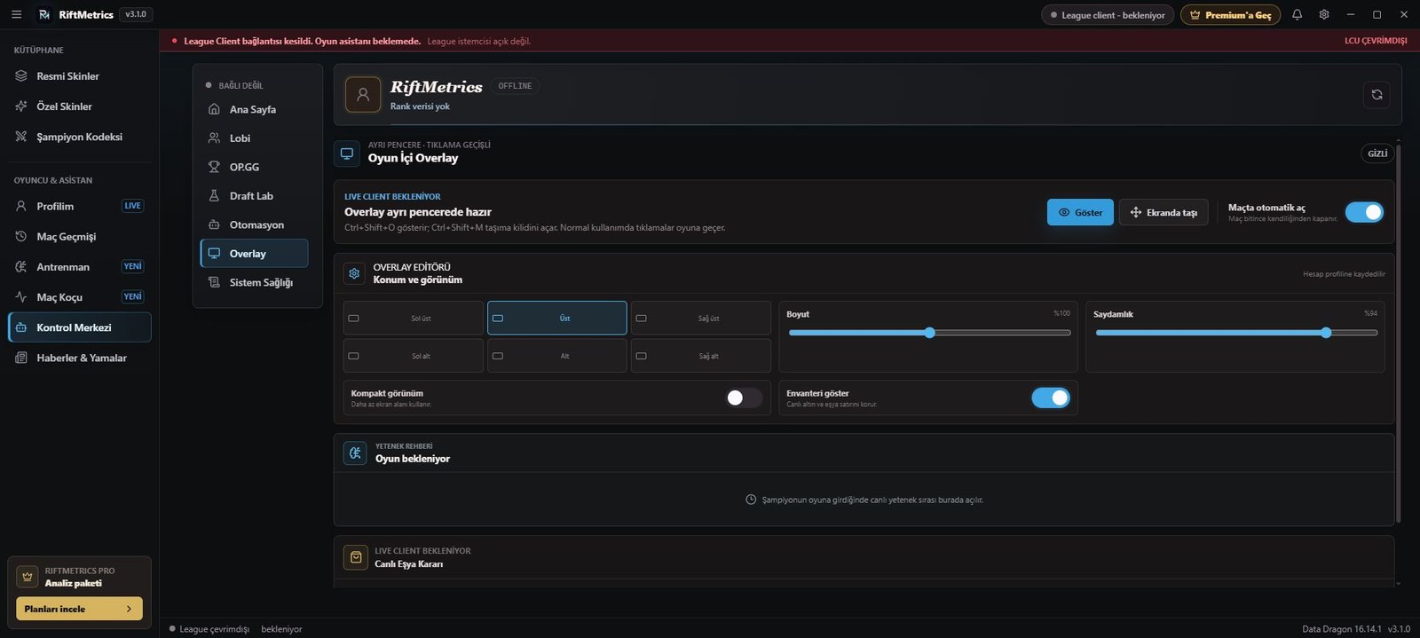 RiftMetrics LoL overlay ayarları, canlı yetenek rehberi ve eşya seçenekleri