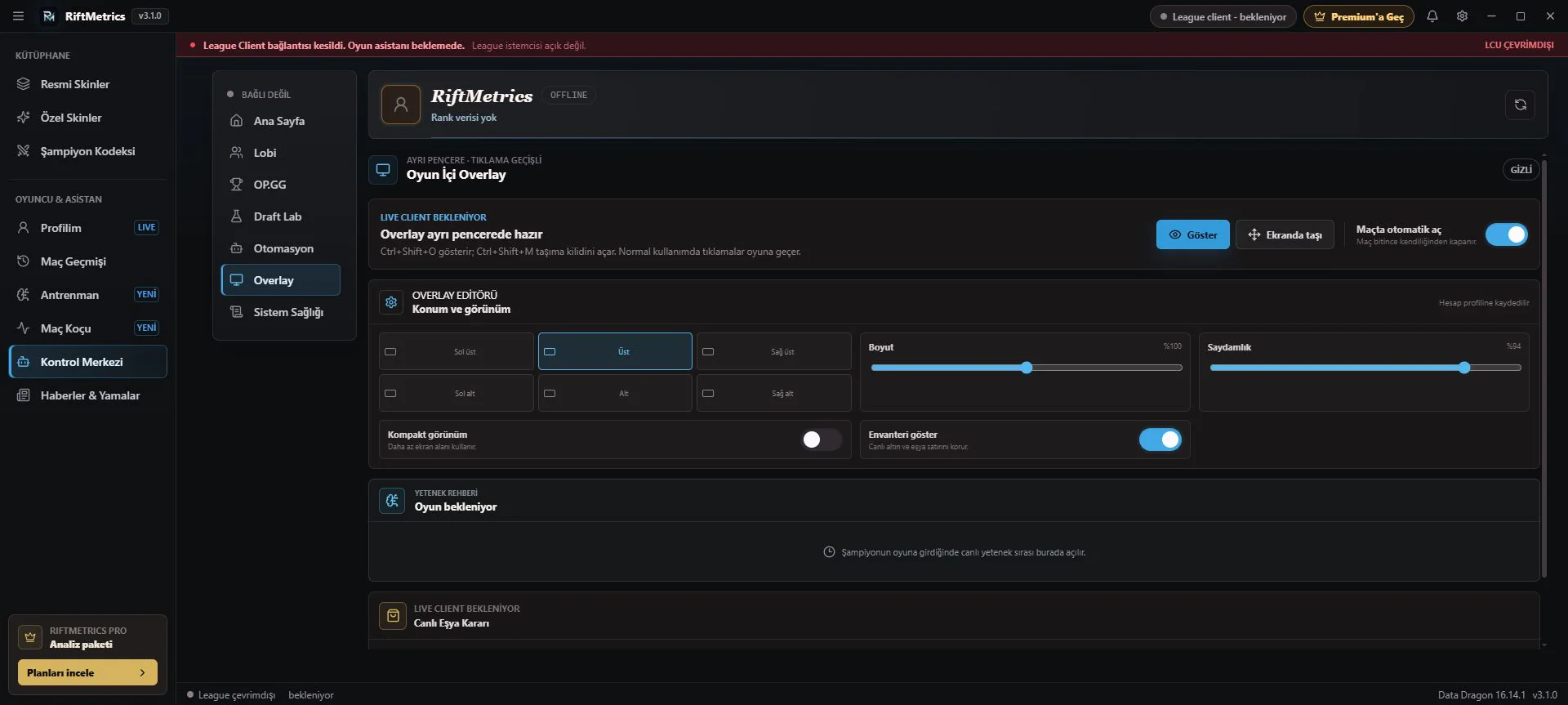 RiftMetrics LoL overlay ayarları, canlı yetenek rehberi ve eşya seçenekleri
