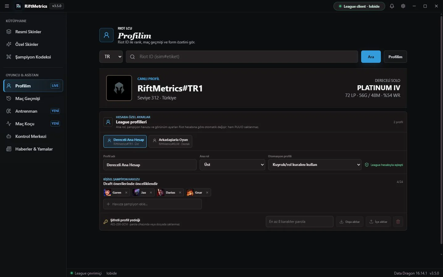 RiftMetrics 3.5 hesaba özel ana rol, şampiyon havuzu ve otomasyon profili